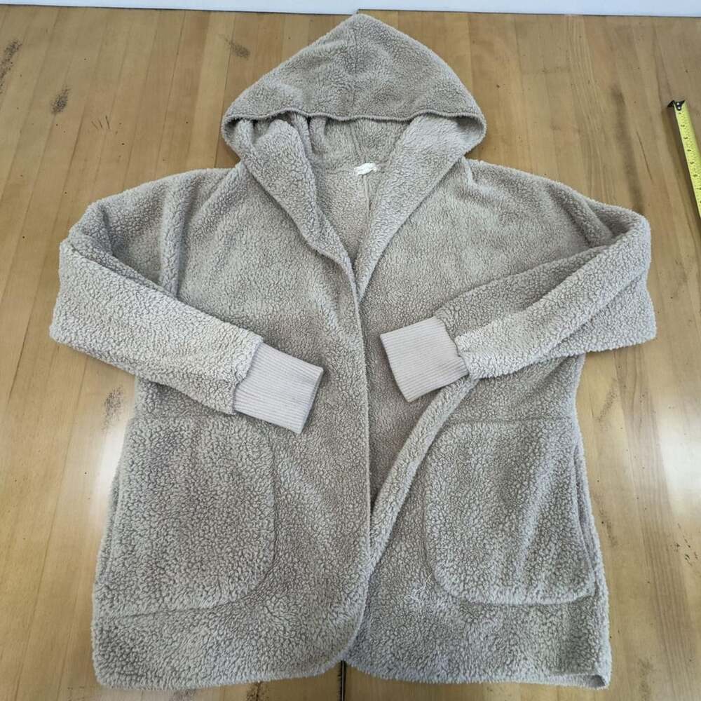 Hem & Thread Sherpa Hoodie One Size Beige Open Front Fleece Cardigan